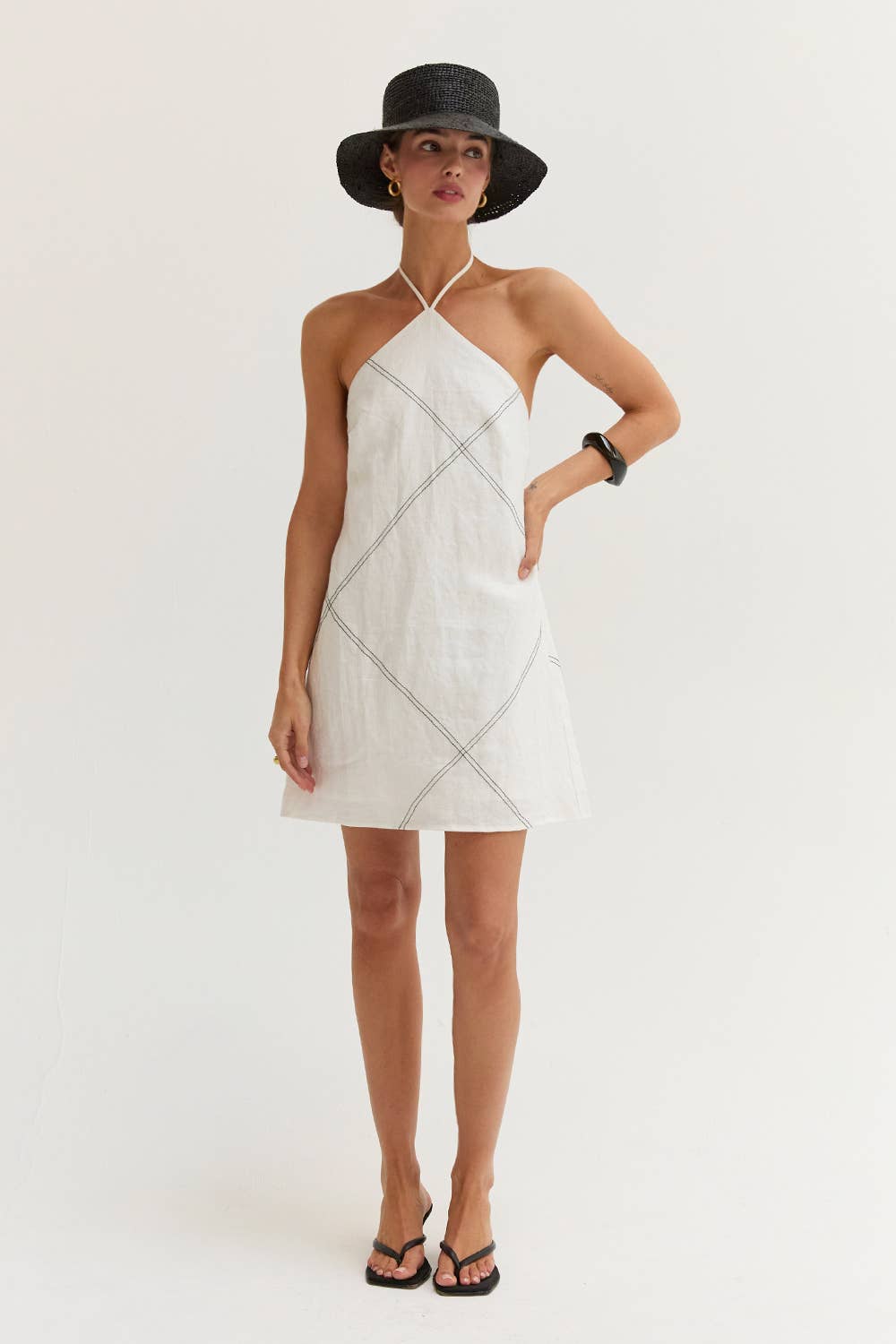 White Linen Stitch Mini Dress