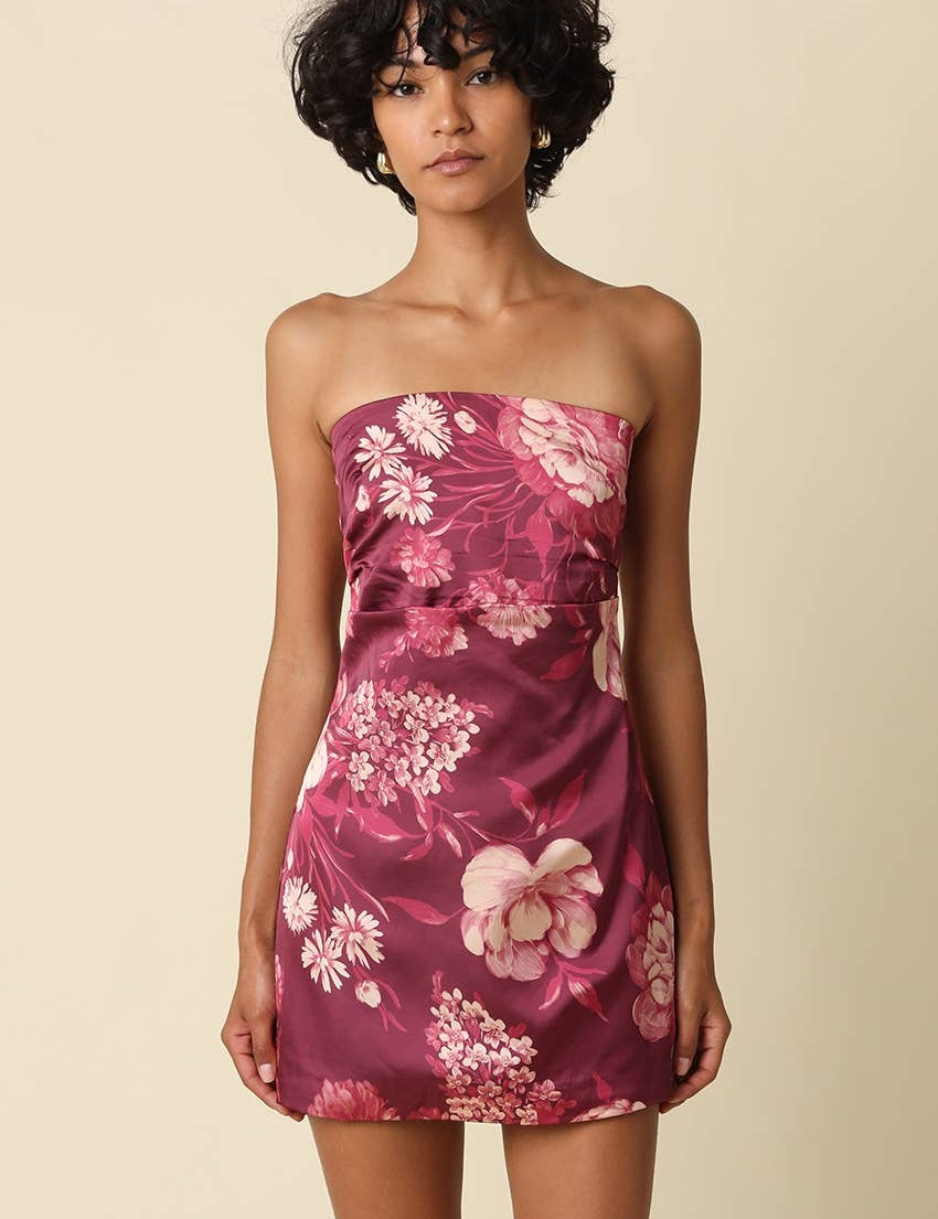 Maroon Floral Strapless Mini Dress — satin finish and figure-skimming silhouette