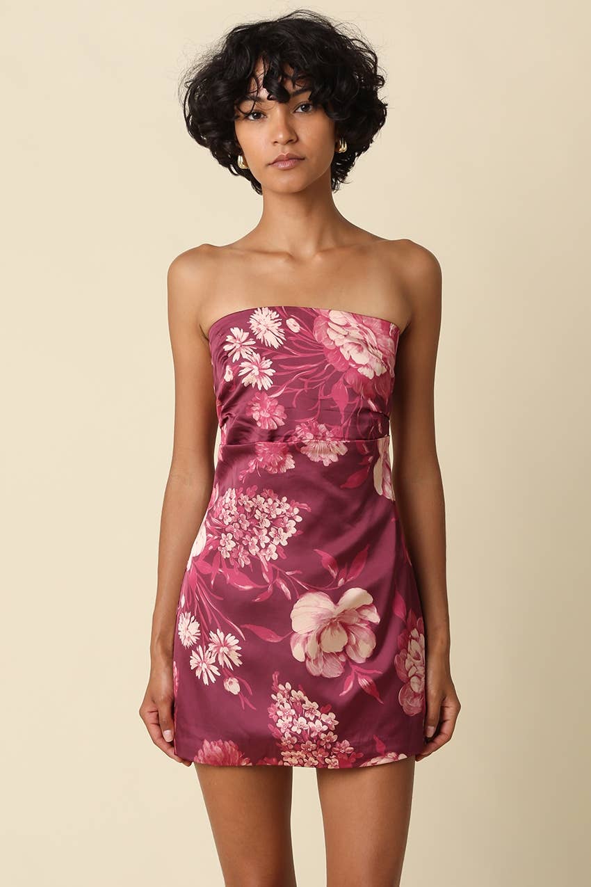 Maroon Floral Strapless Mini Dress — satin finish and figure-skimming silhouette
