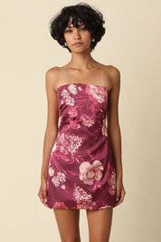 Maroon Floral Strapless Mini Dress — satin finish and figure-skimming silhouette