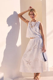 White Coastal Eyelet Lace Skirt Set