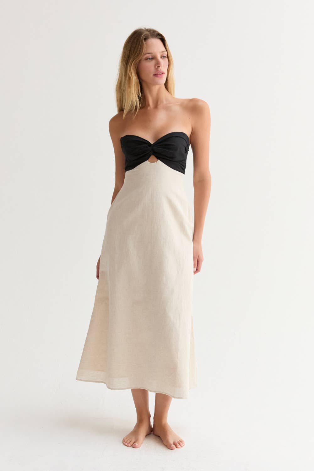 Linen Colorblock Front Twist Midi Dress