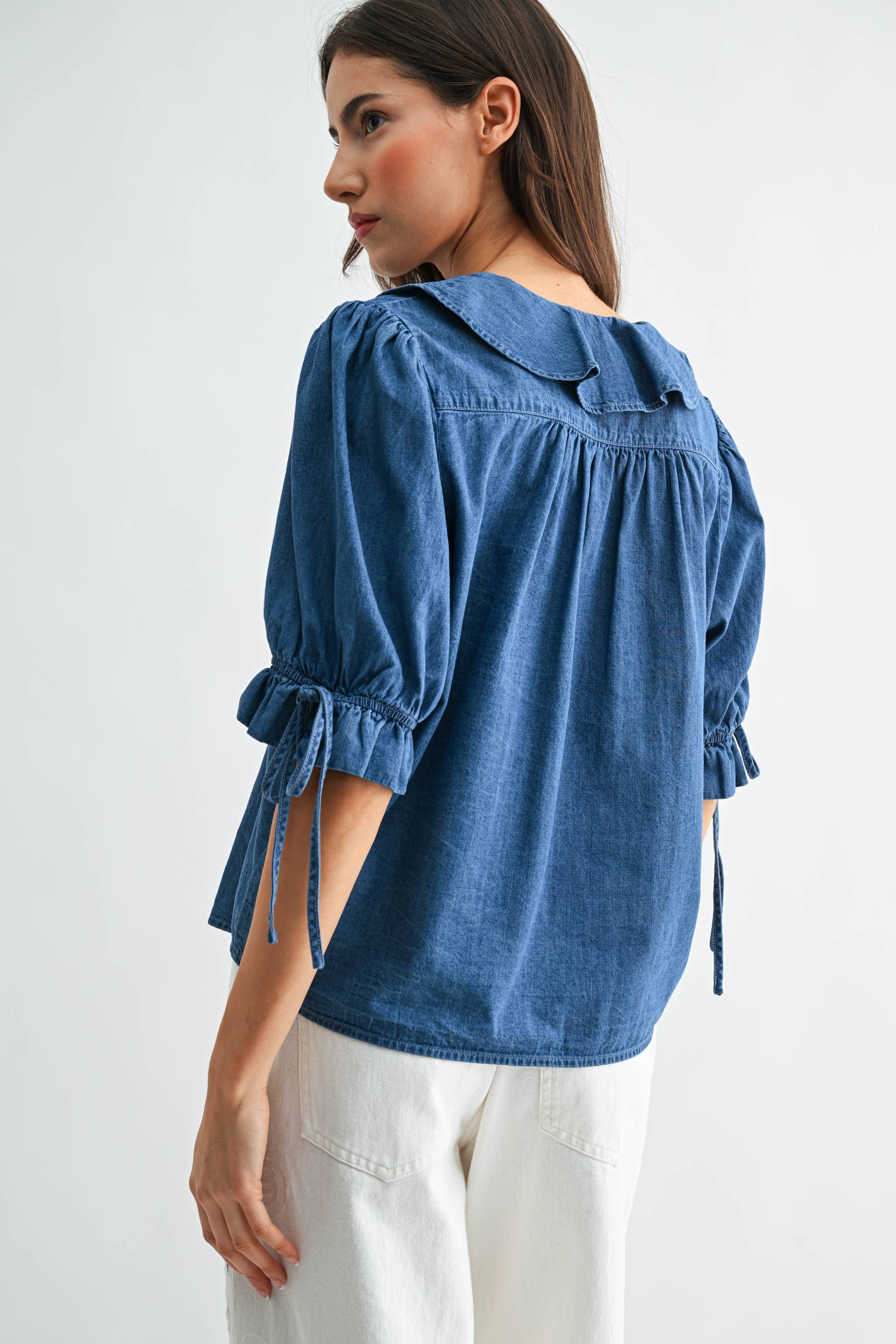 Denim Pleated Ruffle Blouse