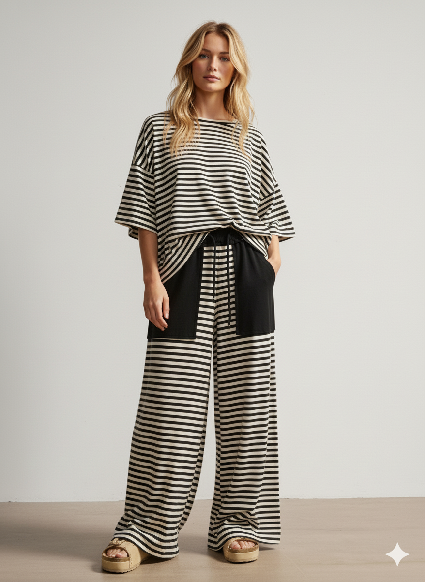 Black & Ivory Striped Knit Lounge Set