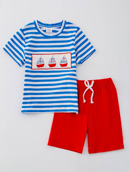 Sailboat Smocking Embroidered Striped Boys