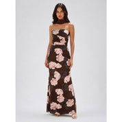 Brown Floral Mermaid Maxi Dress — color: brown and strapless neckline