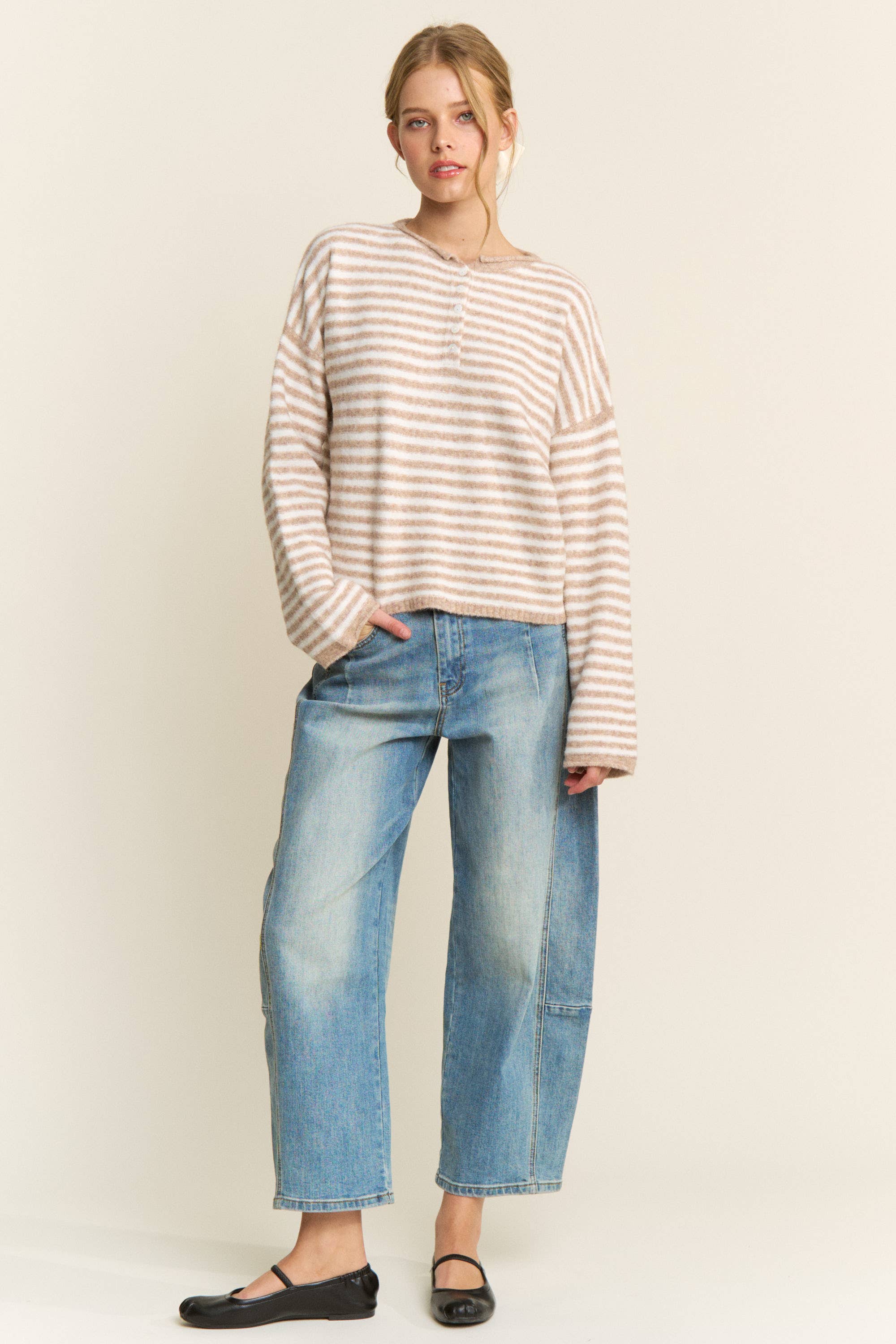 Pink Striped Henley Knit Sweater