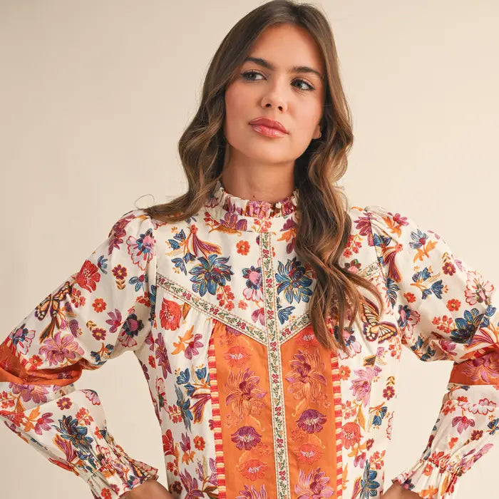 Ivory Floral Border Print Top