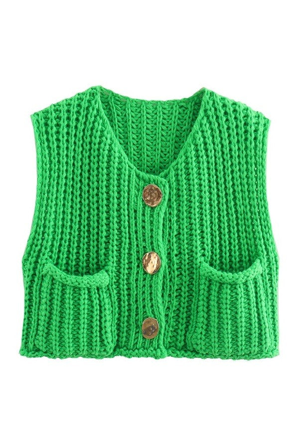 Green Solid Round Neck Sweater Vest