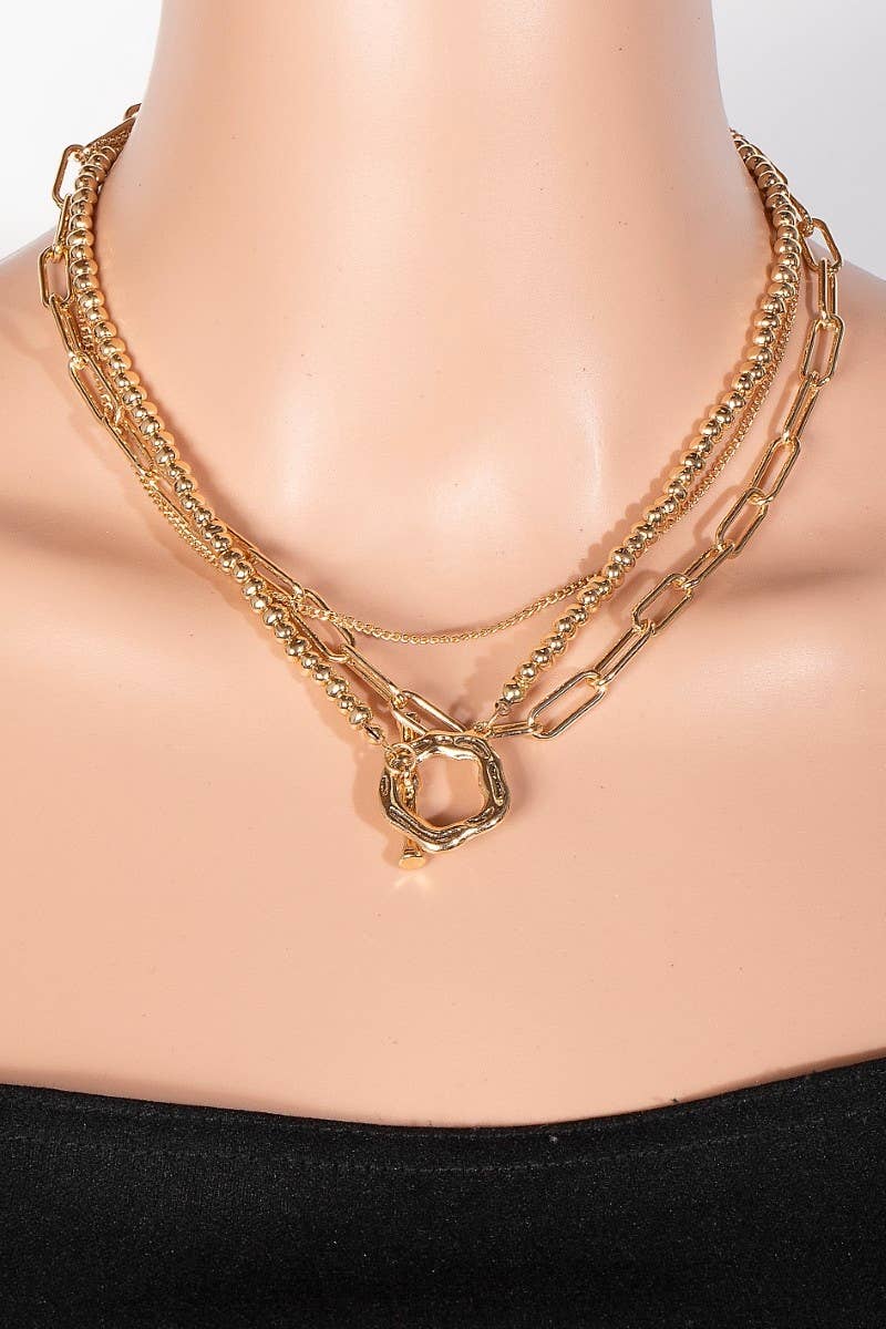 Warped Hoop Pendant Beaded And Chain Layered Necklace