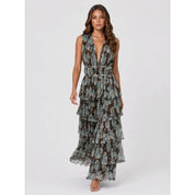 Brown Floral Plunging Ruffled Maxi Dress