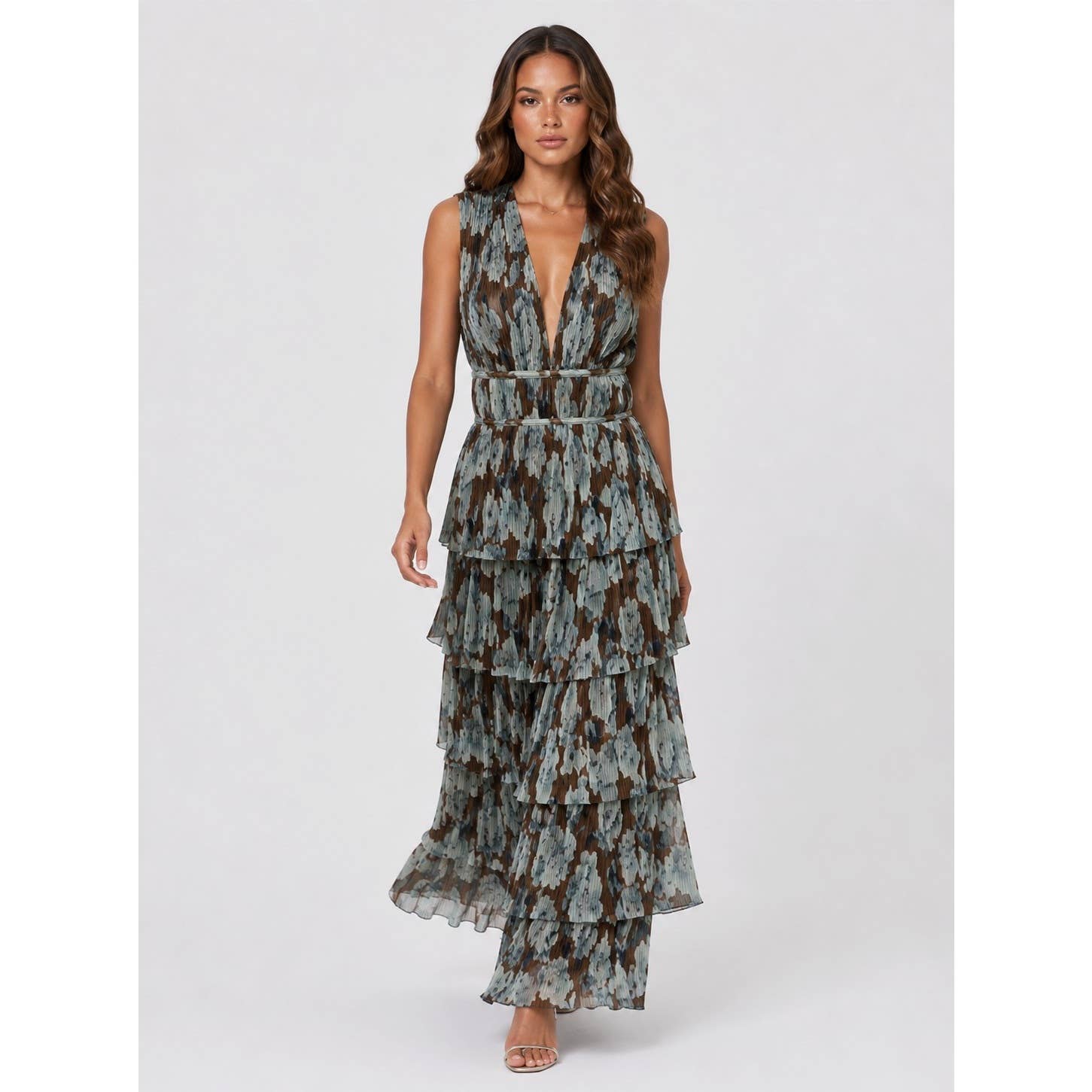 Brown Floral Plunging Ruffled Maxi Dress