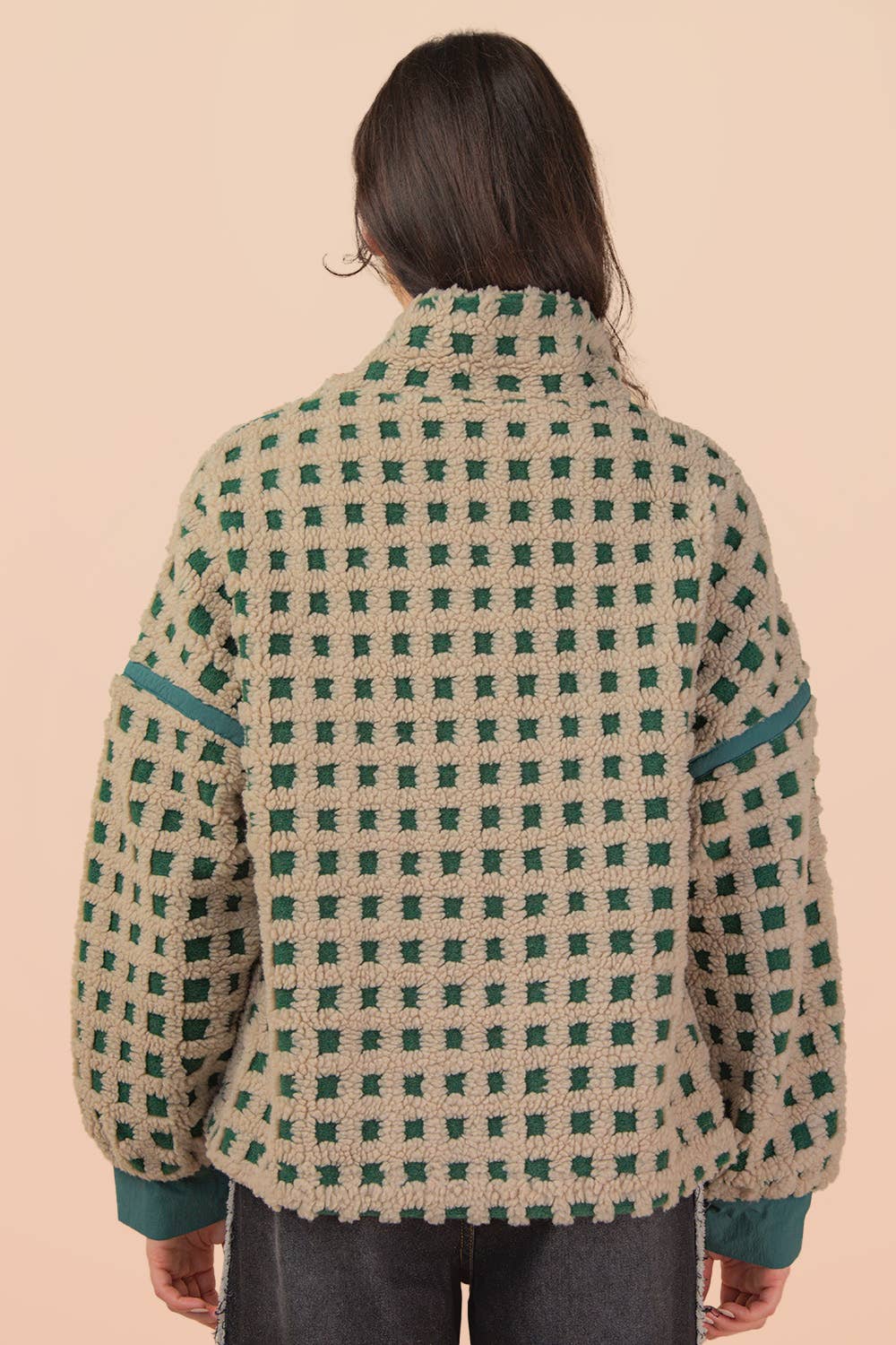 Gray & Green Oversized Checker Fleece Jacket