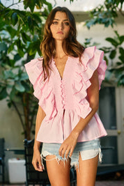 Pink Ruffle Smocked Peplum Blouse