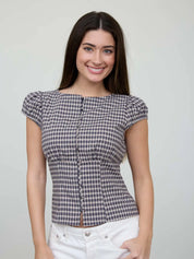 Navy Plaid Cinched Top