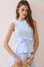 Blue Striped Tie Waist Peplum Top