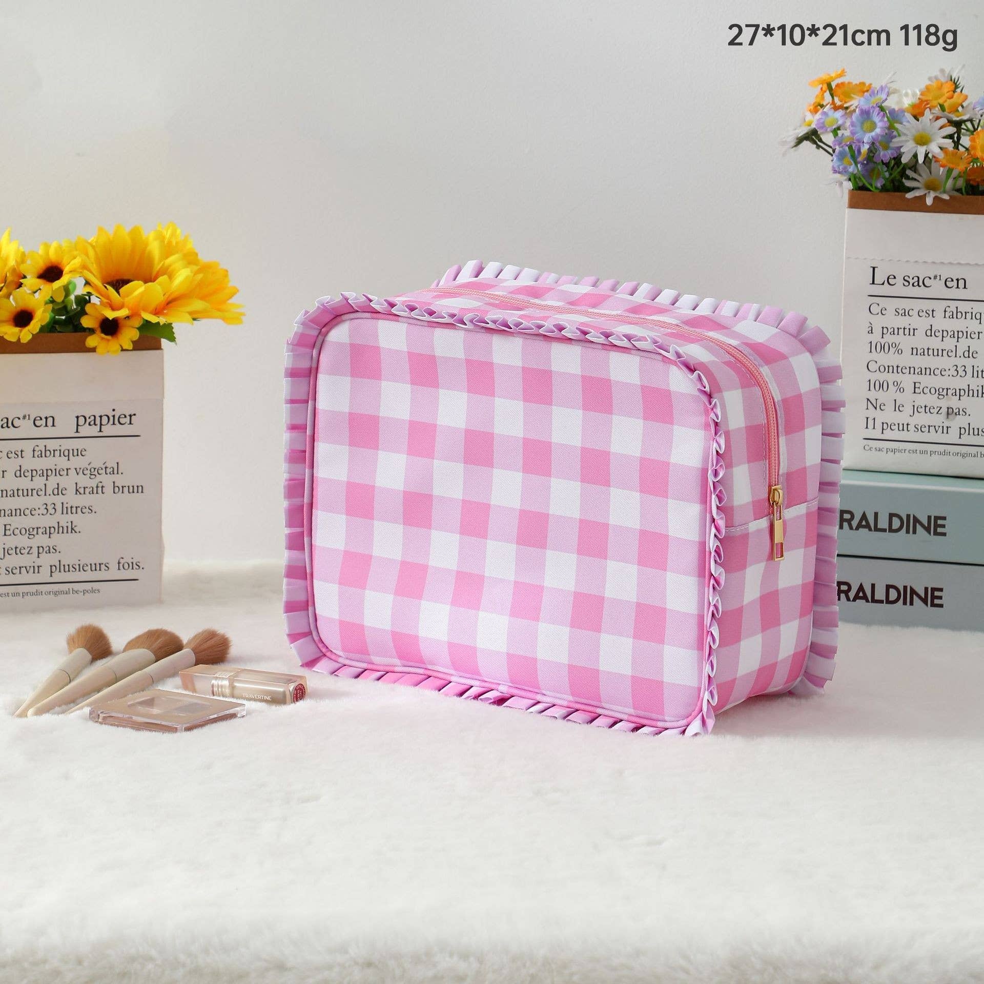 Ruffle Checker Stripe Cosmetic Bag
