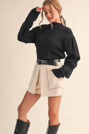 Black Mock Neck Puff Sleeve Sweater