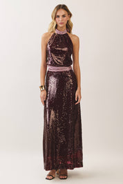Burgundy Sequin Halter Top & Maxi Skirt Set