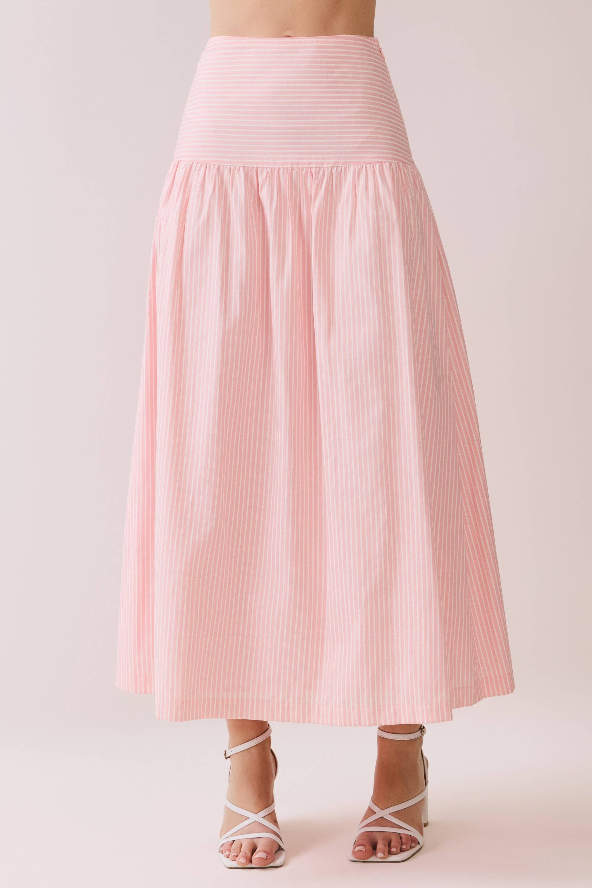 Pink Striped Drop Waist Midi Skirt