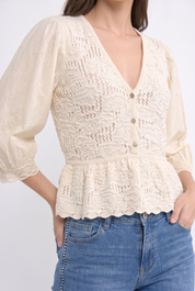 Peplum Eyelet Sleeve Knit Blouse showing lace trim cuffs