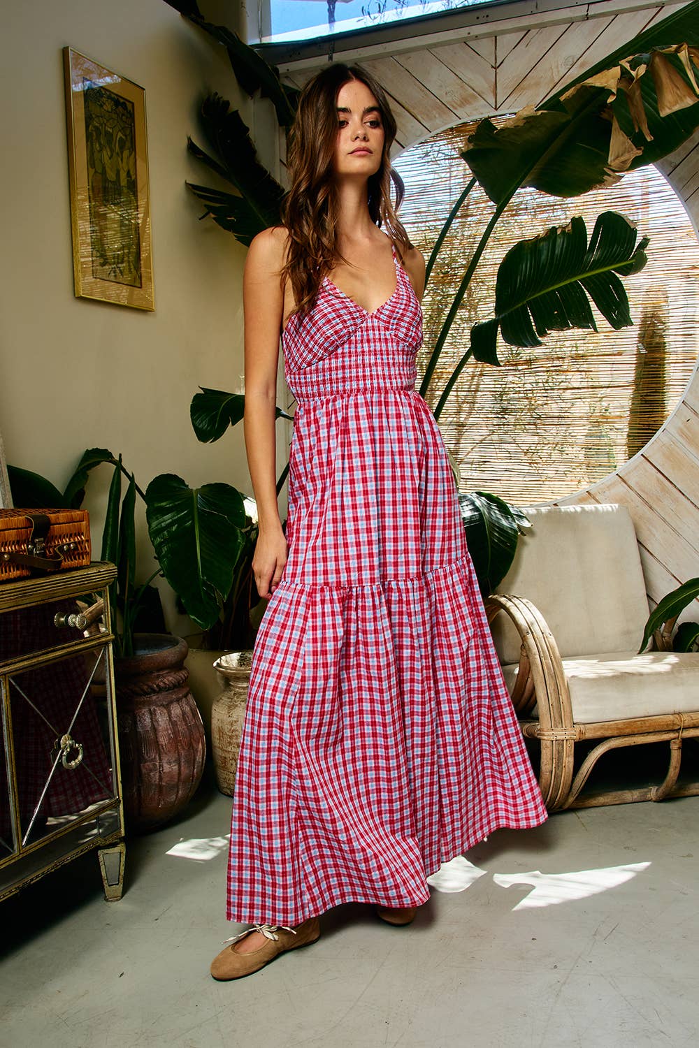 Red Gingham Smocked Maxi Dress