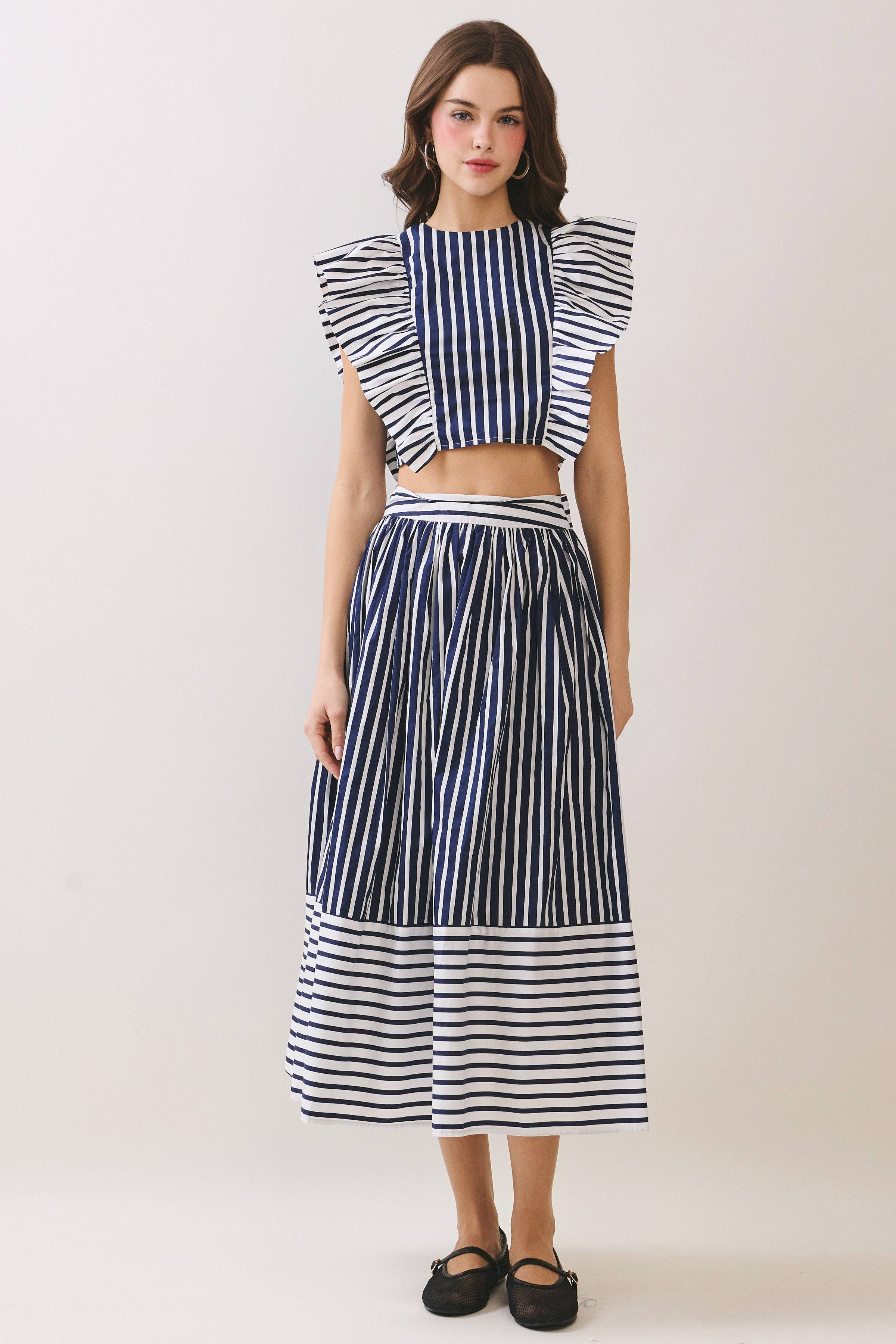 Navy Striped High Waist Midi Skirt