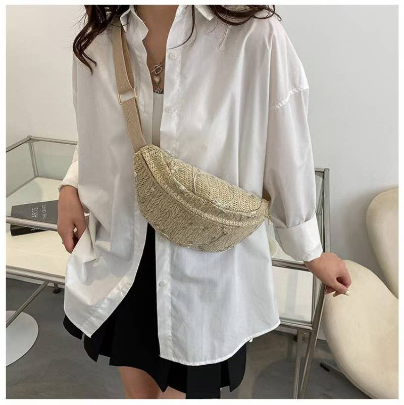 RAFFIA STRAW WAIST FANNY PACK CROSSBODY BELT BAG