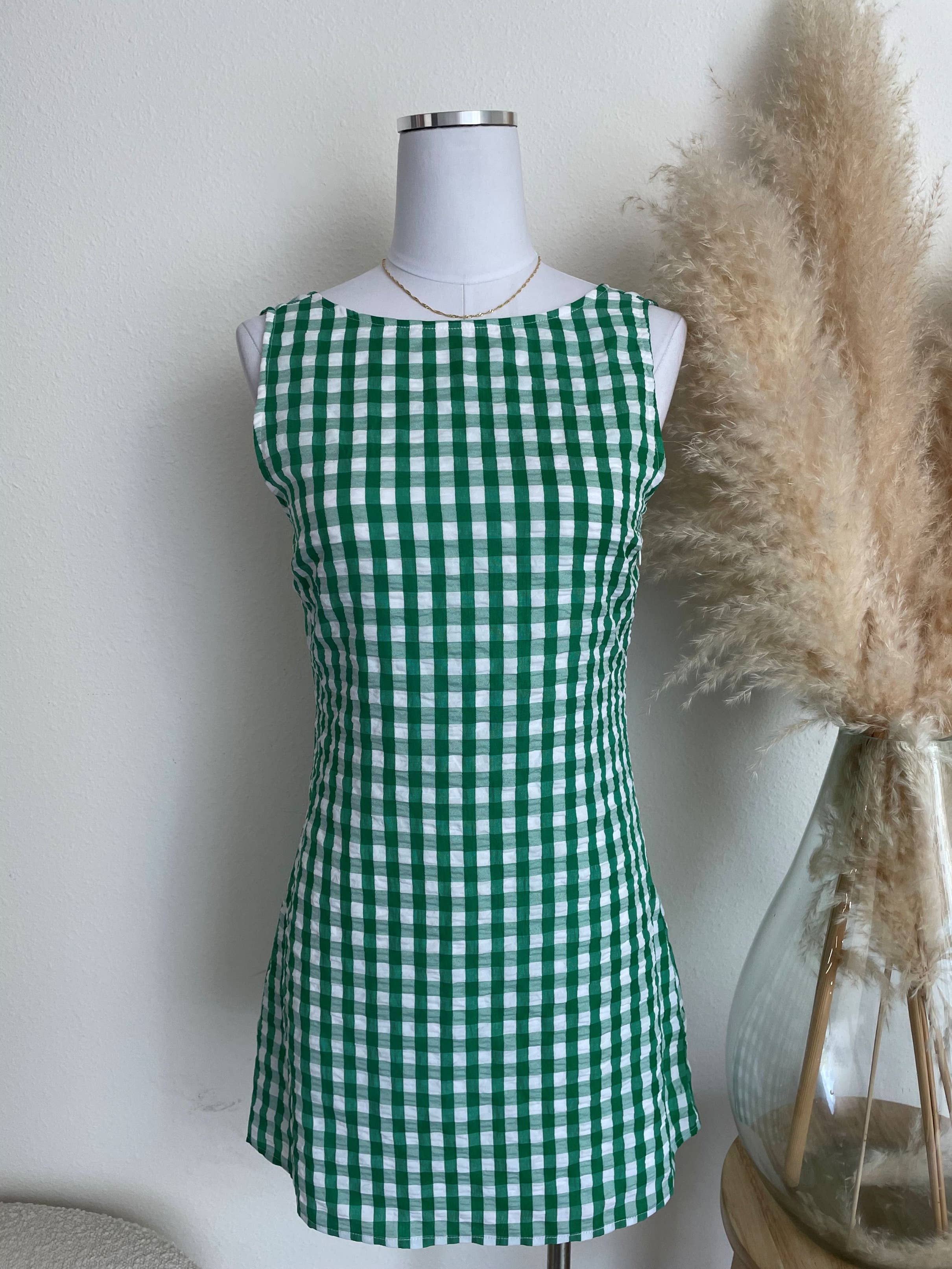 Green Gingham Open Back Dress