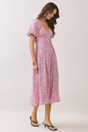 Pink Tropical Puff Sleeve Midi Dress