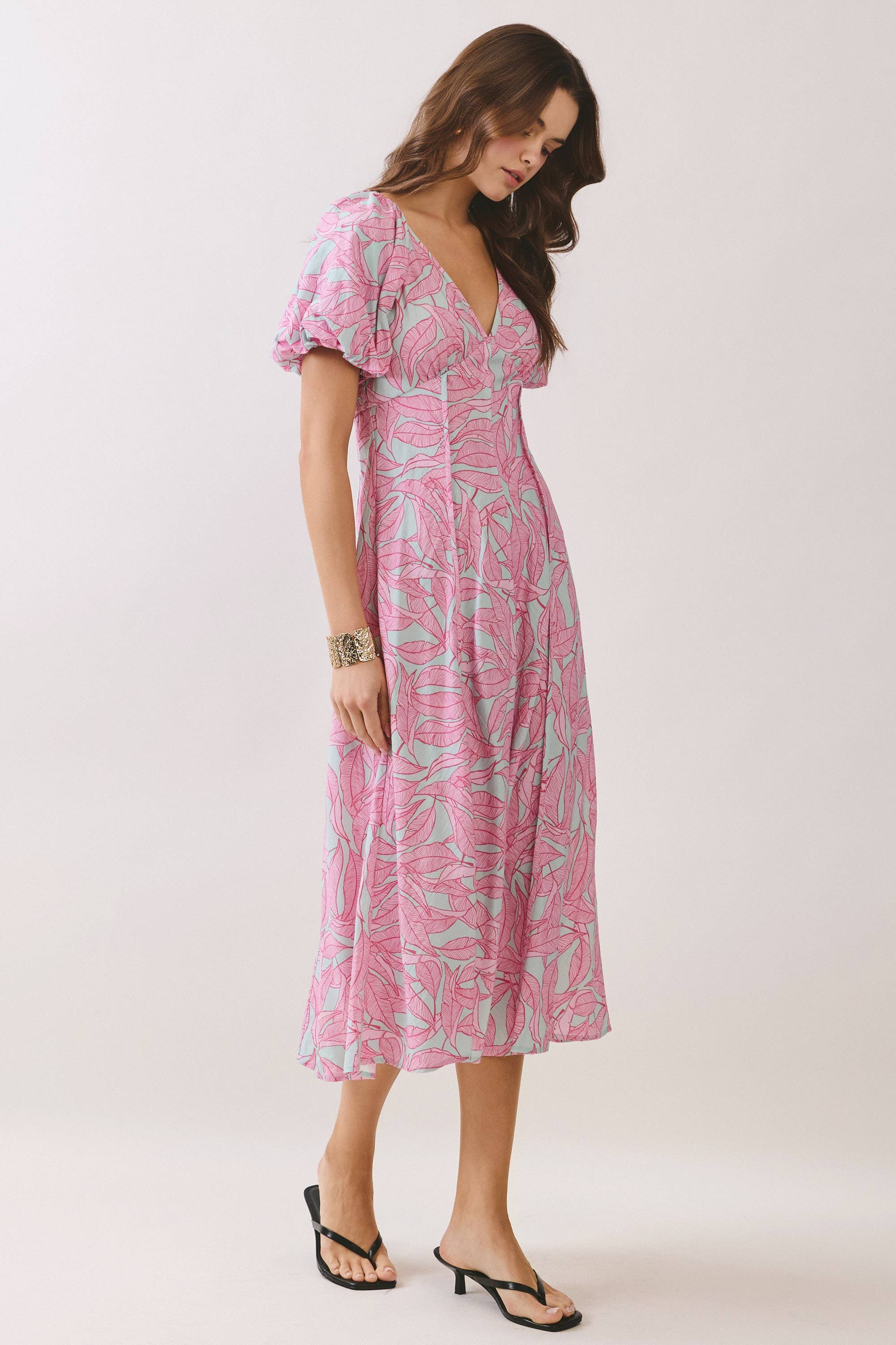 Pink Tropical Puff Sleeve Midi Dress
