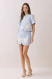 Blue Floral Front Slit Mini Skirt