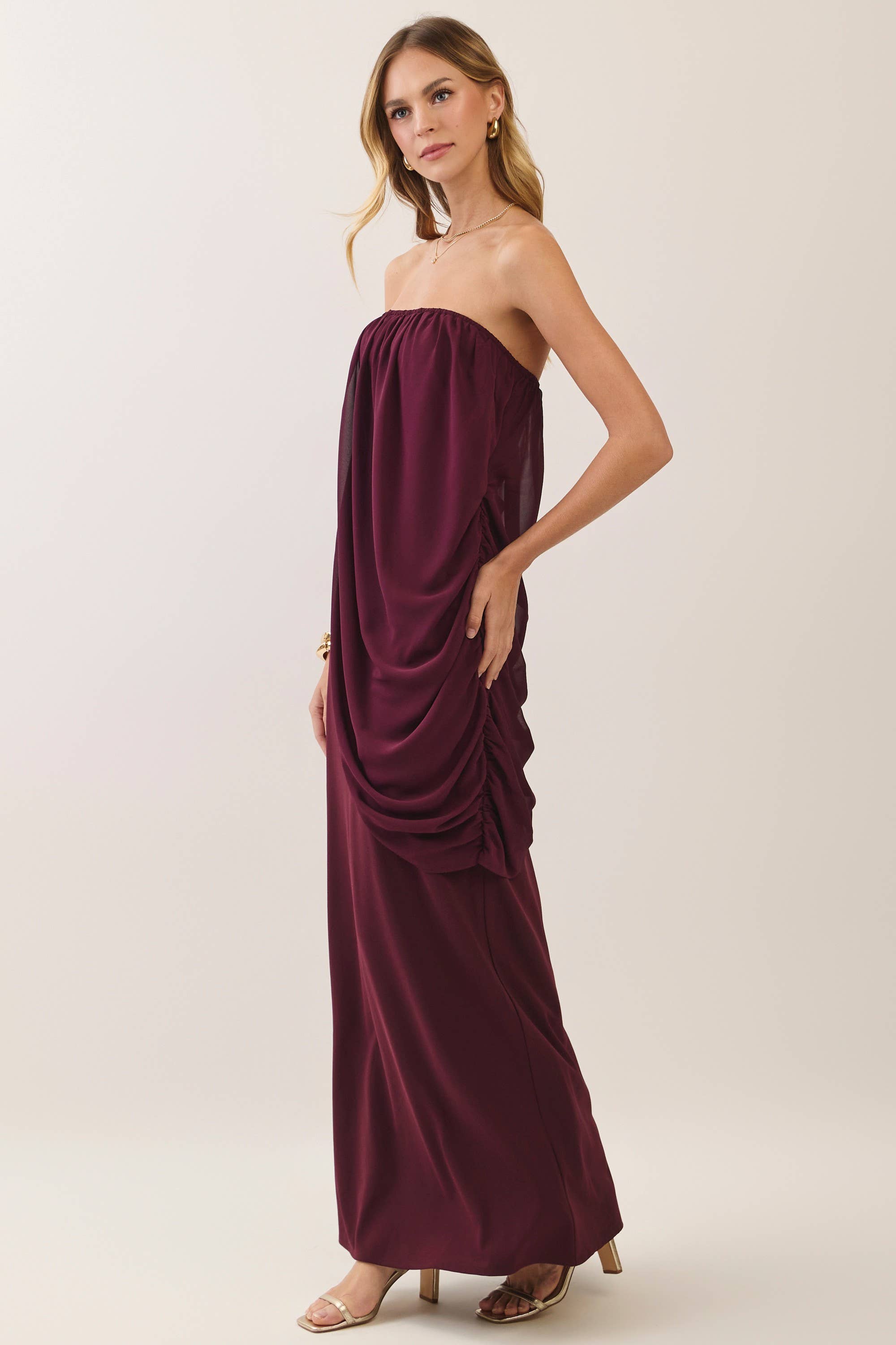Maroon Strapless Draped Maxi Dress