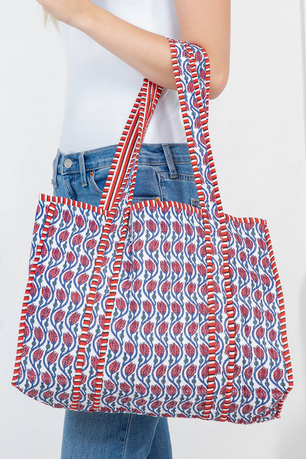 Red Floral Quilted Tote Bag