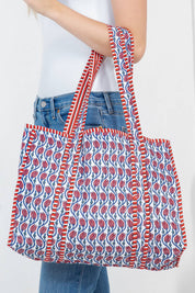Red Floral Quilted Tote Bag