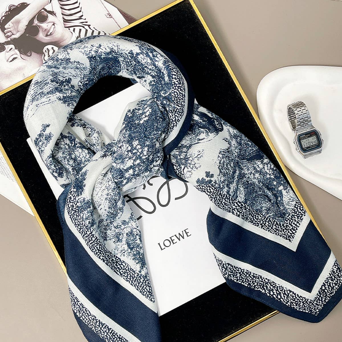 Blue Ink Art Velvet Scarf — color: blue