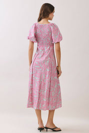 Pink Tropical Puff Sleeve Midi Dress