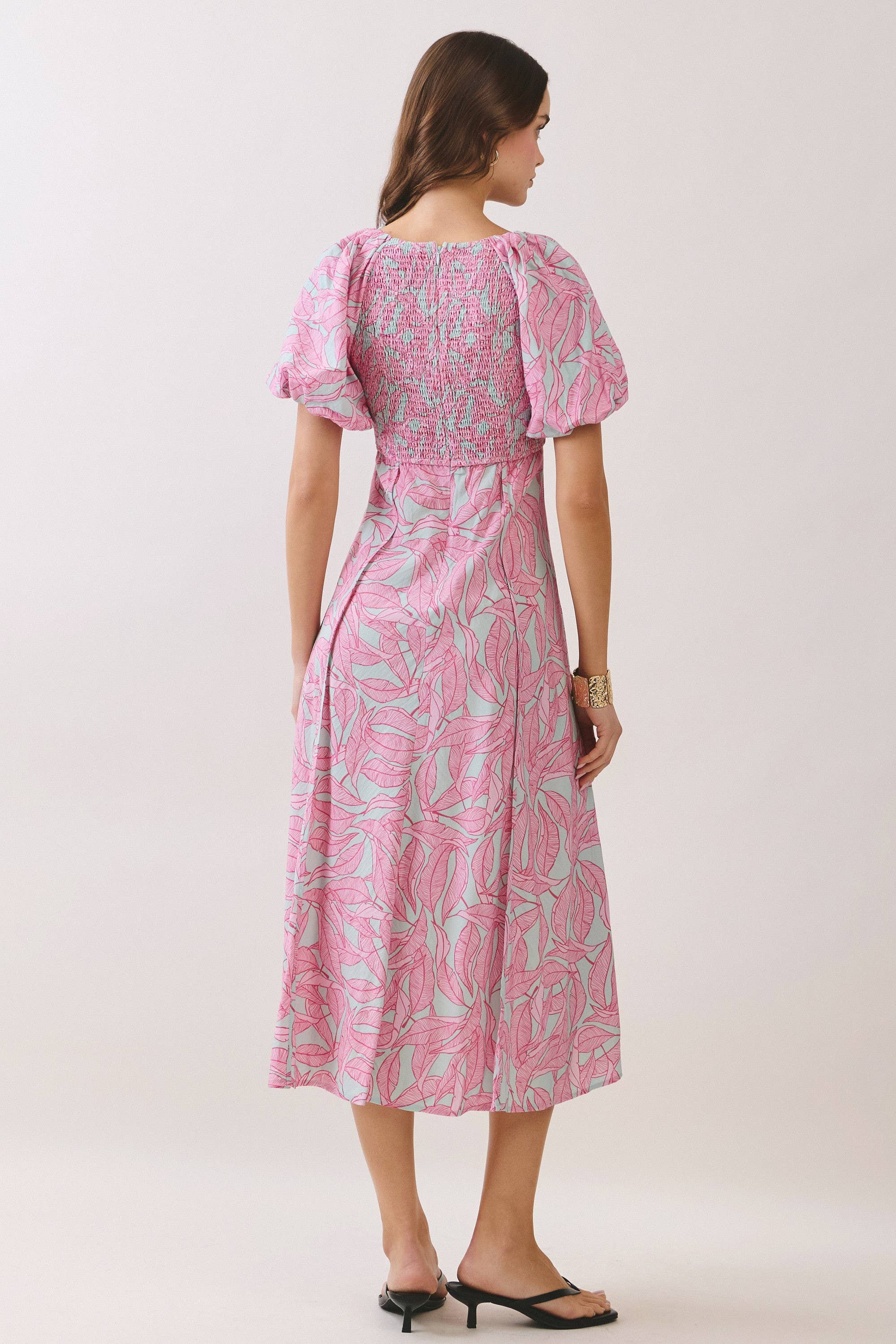 Pink Tropical Puff Sleeve Midi Dress