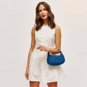 Blue Woven Denim Twist Handle Crossbody