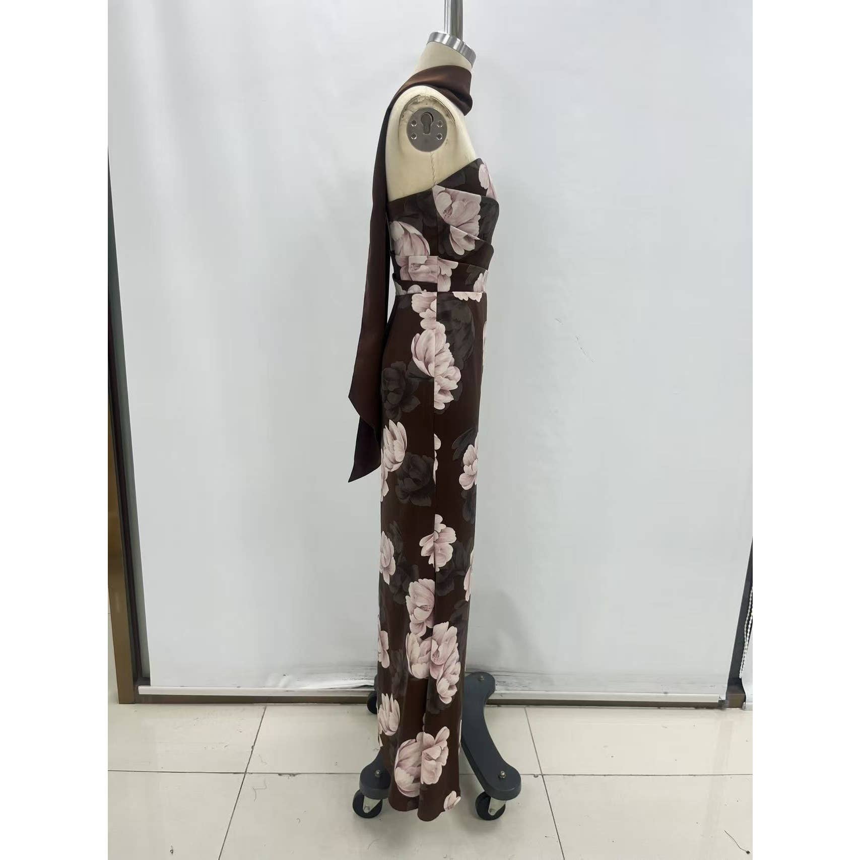 Brown Floral Mermaid Maxi Dress showing sleeveless