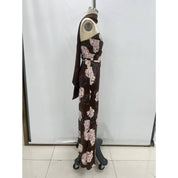 Brown Floral Mermaid Maxi Dress showing sleeveless