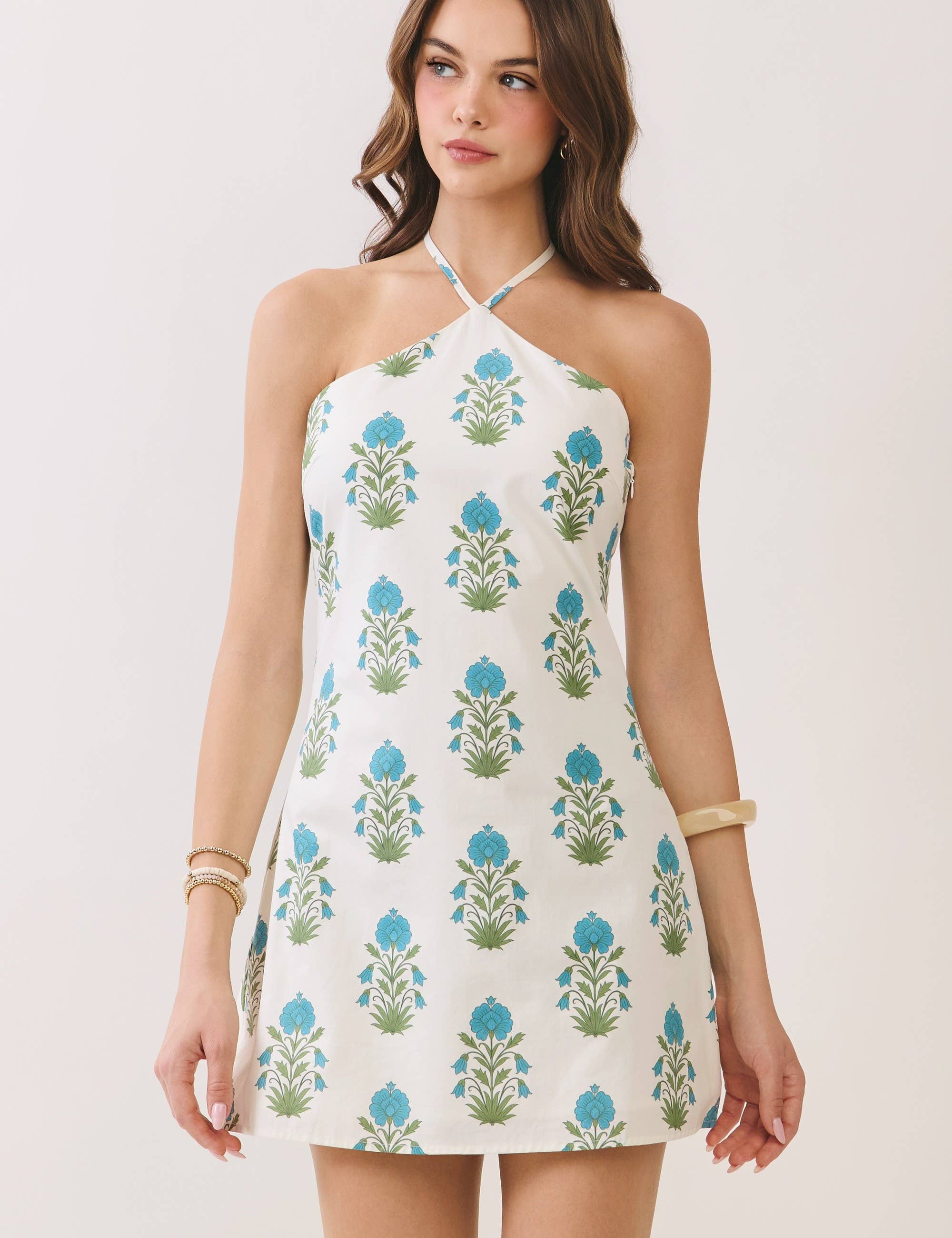 Cream Floral Halter Neck Mini Dress
