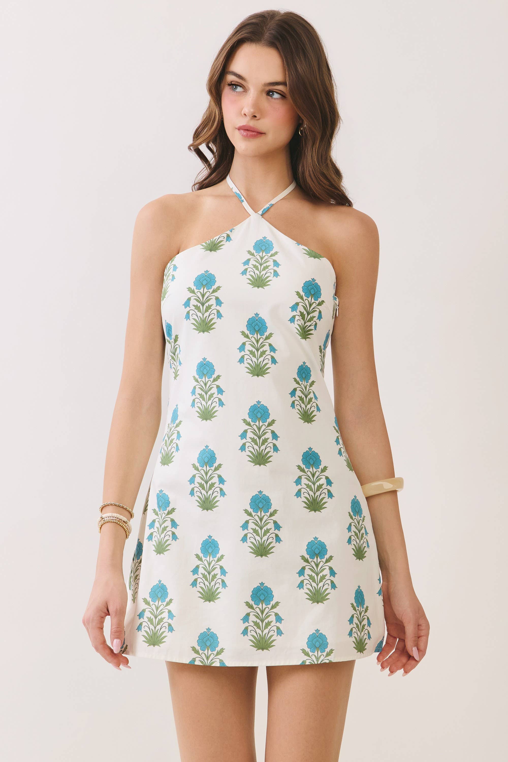 Cream Floral Halter Neck Mini Dress