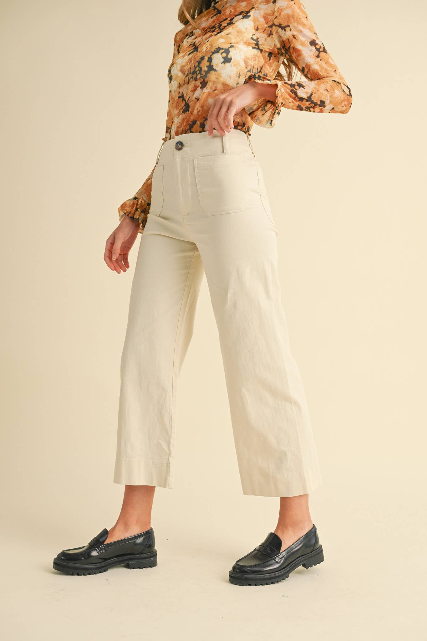Cream High Waist Cropped Wide Leg Pants
