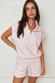 Pink Gingham Zip Up Top Short Set