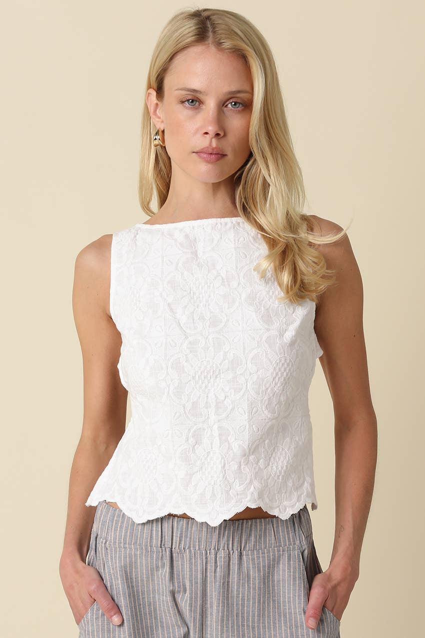 White Embroidered Open-Back Top