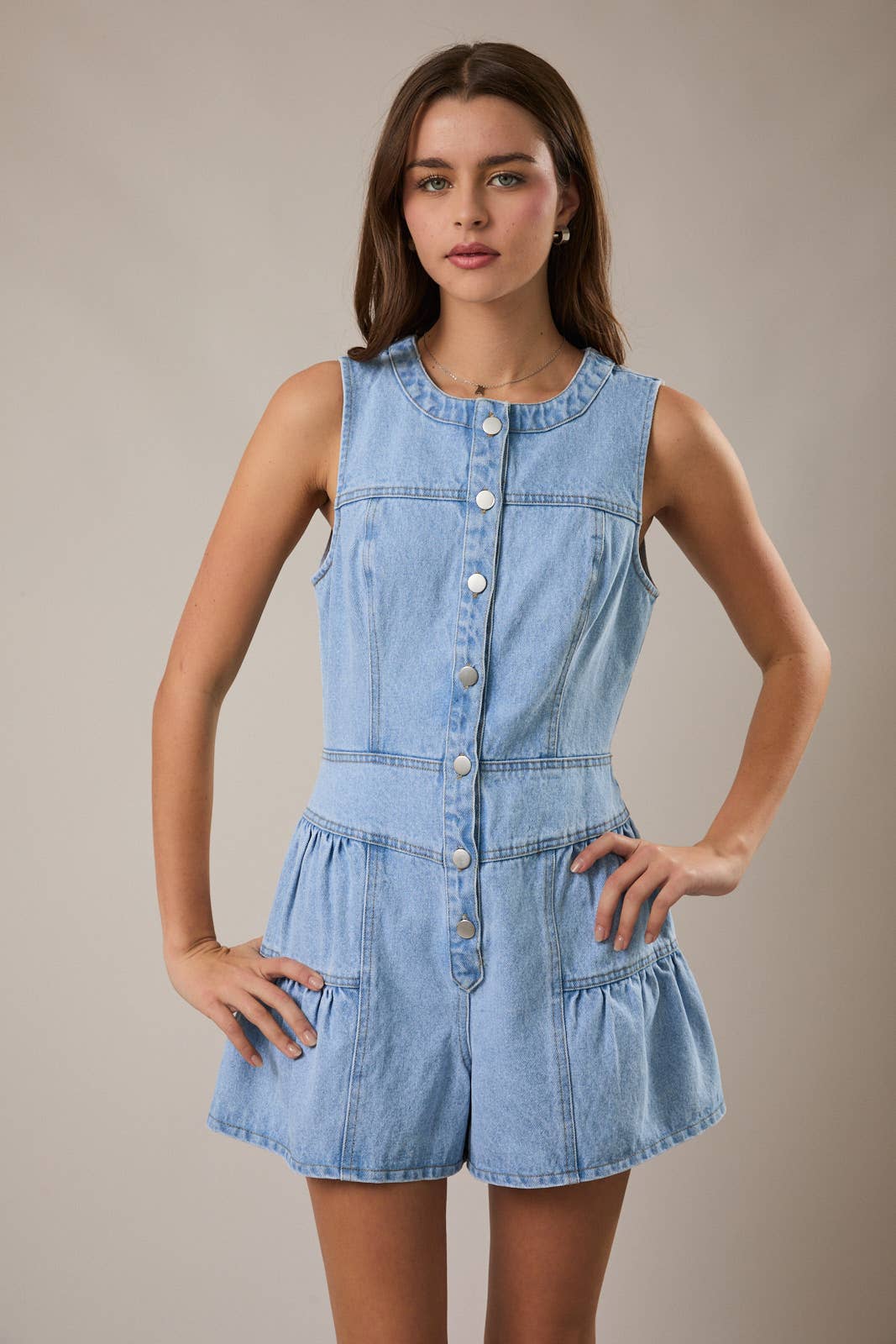Blue Sleeveless Shirred Romper