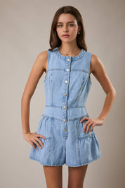 Blue Sleeveless Shirred Romper