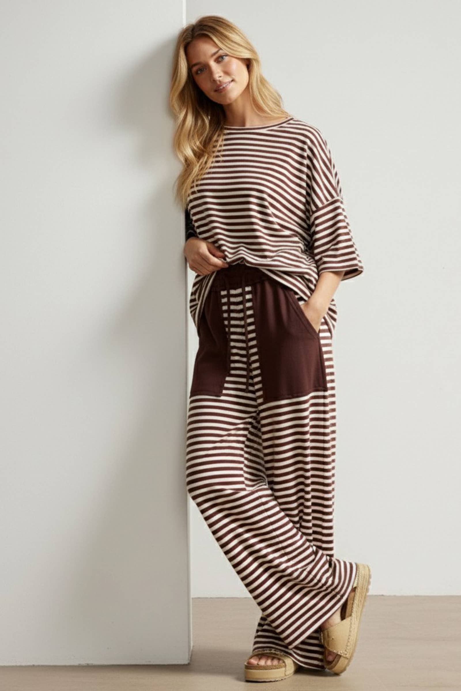 Brown & Ivory Striped Knit Lounge Set