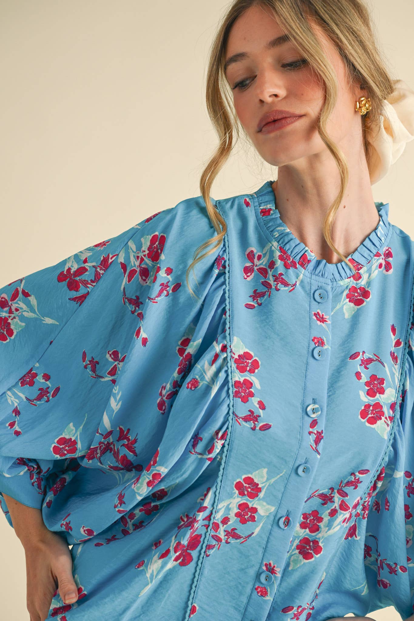 Blue Floral Dolman Sleeve Blouse
